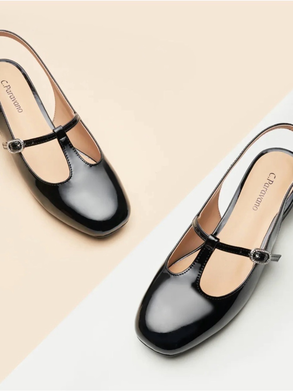 C. Paravano Nina Black Patent T-Strap Slingback Mules